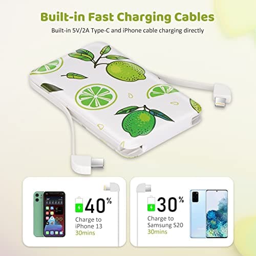 Sethruki Portable Charger 5000mAh Cute Ultra Slim USB C Power Bank for Girls Mini Fast Charging Small Battery Pack with Built in Cables for iPhone iPad Samsung Pixel Android Phones,Lemon 3