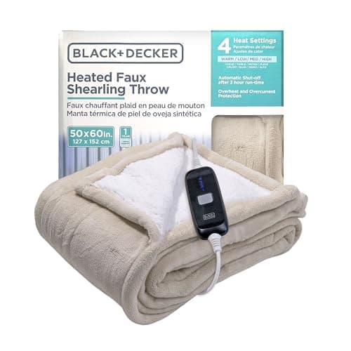 BLACK+DECKER Heated Blanket Electric Throw, Faux Shearling Electric Blanket, Heating Blanket with 4 Heating Levels, 3H Timer, Auto Shutoff, Fast Heating (50x60 inches, Cream)