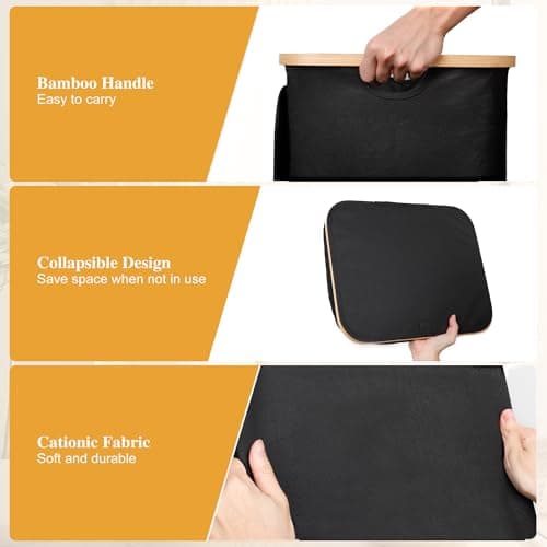 Foluck Large Laundry Hamper, 100L Waterproof Laundry Basket with Lid and Removable Bag, Collapsible Tall Clothes Hamper with Bamboo Handles for Clothes Toys in Dorm Bedroom Bathroom, Black 6