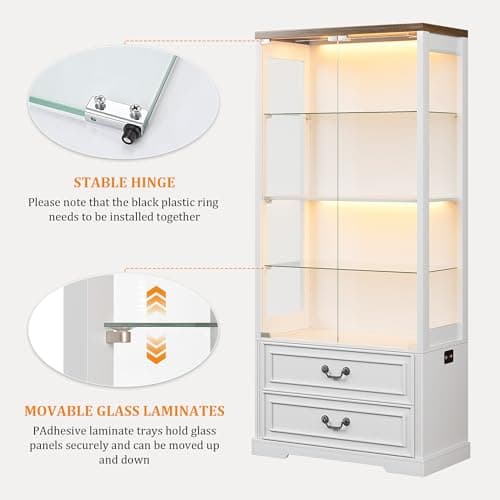 TAGELIER 67" Tall Display Cabinet with Glass Doors and 2 Drawers, Adjustable Glass Height Bookcase, Curio Cabinet with 3 LED Lights and Human Body Sensor (White) 5