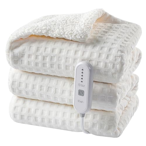 Dowin Heated Blanket Electric Blanket - Throw Size Waffle Fleece Heating Warming Blankets with Auto Shut Off for Couch Office Chair Bed Adults Fuzzy Cozy Machine Washable 50x60 Beige