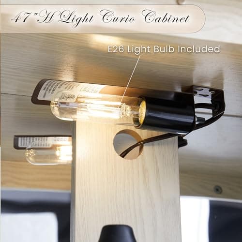 47" Lighted Glass Accent Curio Cabinet, 3-Tier Antique Storage Cage with Adjustable Shelves & Drawer, Acrylic Mirrored Pane, Light Blub Included, Small China Cabinet for Living Room (Antiqe White) 6