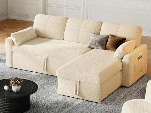 YITAHOME 86" Sleeper Sofa, 2 in 1 Convetible Sofa Bed with Pull Out Couch Bed and Storage Chaise,L-Shape Sectional Sofa for Living Room, Teddy Fleece, Beige 6