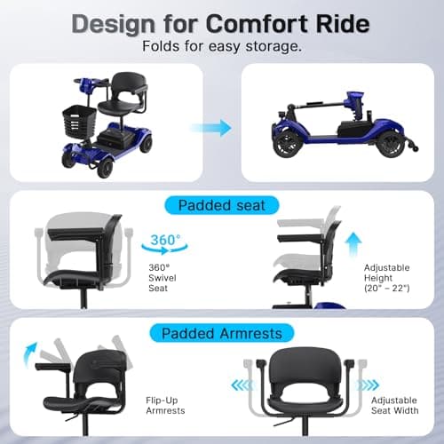 Hoverfly T4 Mobility Scooter for Seniors, Max 12.4-Mile Range & 3.7 mph, 3-Position Seat & Anti-slip Rear Wheel, Removed Battery&Quick Fold Design, Solid 9" Tire&330 lb Capacity, Ease of Assembly Blue 5