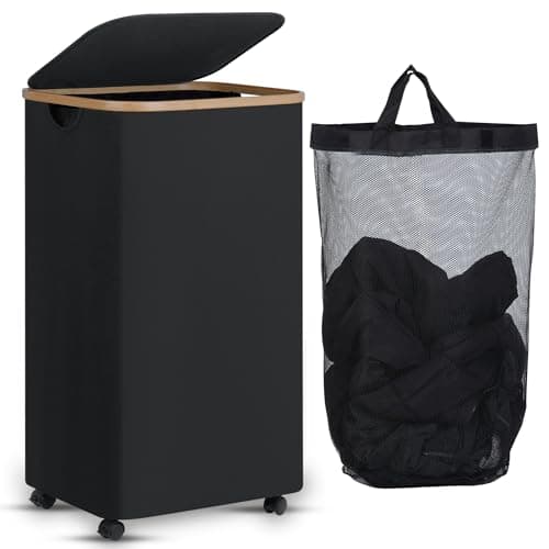 efluky Laundry Basket with Wheels, Aesthetic Dirty Clothes Basket on Wheels for Laundry Room, Bedroom, Dorm and Bathroom, 100L Black