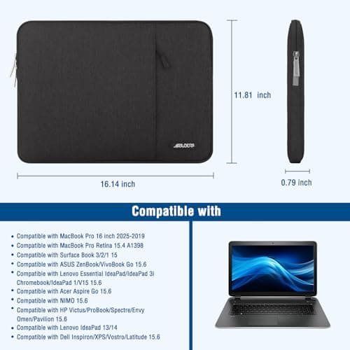MOSISO Laptop Case 16 inch, 15-15.6 inch Laptop Sleeve Compatible with MacBook Pro 16 M4 M3 M2 M1, HP Acer Dell Lenovo ASUS Notebook, Polyester Vertical Computer Sleeve Bag with Pocket, Black 5
