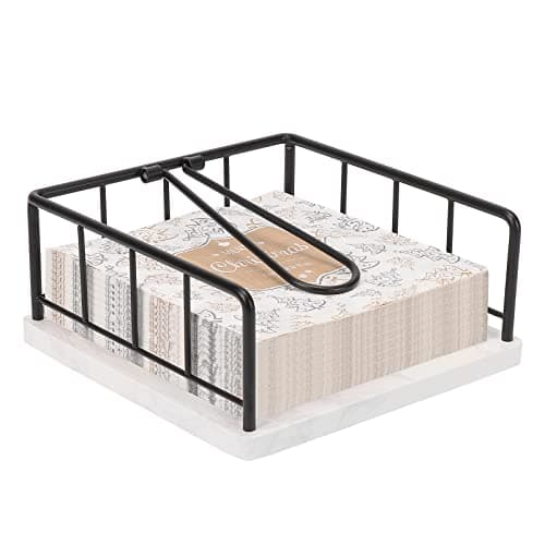 Livabber Flat Napkin Holder, Metal Kitchen Napkin Storage with Weighted Tension Arm Rustic Tissue Paper Dispenser for Countertop, Table Kitchen, Dining Room (With Marble Base, Black)