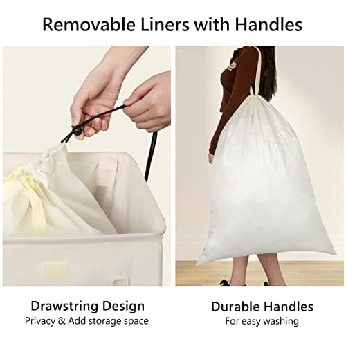 WOWLIVE 100L Laundry Hamper with Lid, Large Foldbale Laundry Basket with 2 Removable Bags and Handles, Tall Collapsible Dirty Clothes Hamper for Laundry Room, Bathroom, Dorm (Beige) 5
