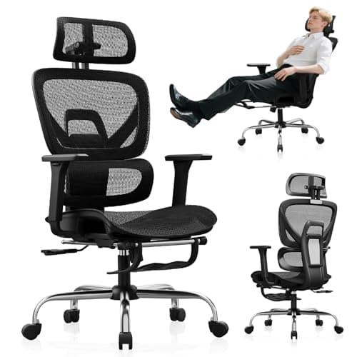 Synorla Ergonomic Office Chair with Footrest, Mesh Desk Chair with 135° Recline, Adjustable Lumbar Support, 3D Armrests and Headrest, Swivel Computer Chair for Home Office