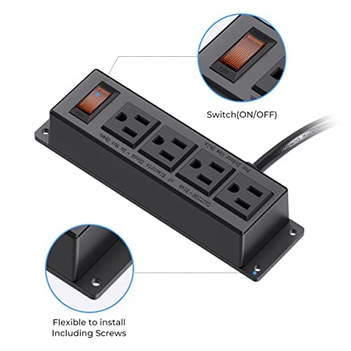 Wall Mount Power Outlet Strip, 4 Outlet Mountable Power Strip with Switch, 3ft Cord Under Desk Power Strip for Office/Industrial/Home, Flat Plug, Black 5