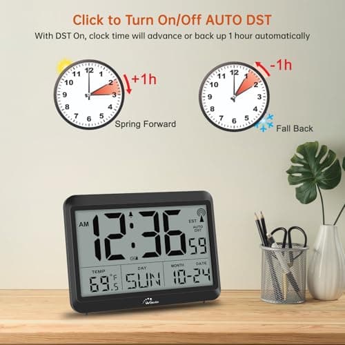 WallarGe Atomic Digital Wall Clock Battery Operated, Self-Setting, Large Display with Temperature, Date, Day of The Week, Silent Wall Mount Digital Clock, 4 Time Zones, DST 5
