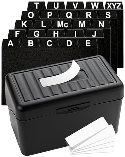 OFFILICIOUS Sturdy Index Card Holder Box 3x5 - Premium Business Card Organizer for Flash Cards, Notecards, Recipes - Recipe Box Case with Plastic Index Cards Dividers & Labels