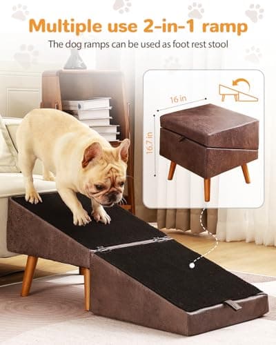 Dog Stairs for Small Dogs and Cats, Dog Ramp for Couch and Bed, Foldable 2-in-1 Wooden Pet Steps for Puppy, Split Ottoman Design（Brown） 5
