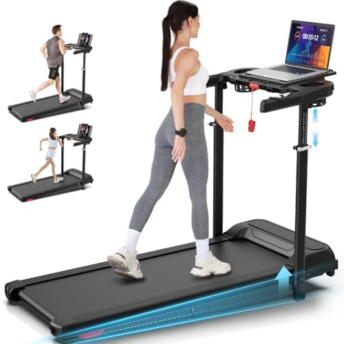 Treadmill with Desk Workstation & Adjustable Height, 450 LBS Weight Capacity, Folding Treadmill with 15 Level Incline, Bluetooth Speaker & App, Portable 3.5HP Walking Pad with Desktop for Home Office