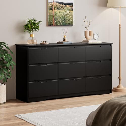 CARPETNAL 9 Drawer Black Dresser for Bedroom with Deep Drawers, Large Dressers & Chest of Drawers Handle Free, Modern Long Dressers for Closet Bedroom, Living Room (59.25" W x 15.9" D x 31.9" H)