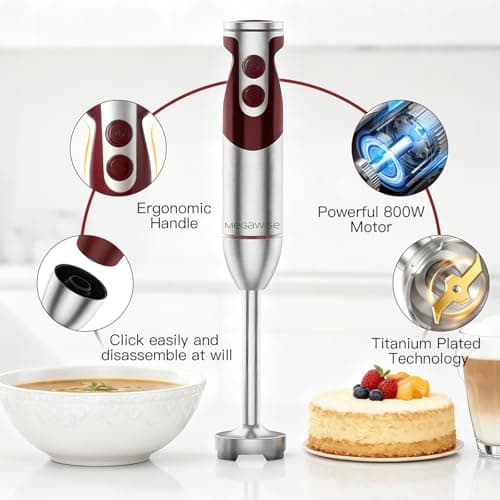 3- in-1 Immersion Hand blender, Powerful MOTOR & Stainless Steel Stick Blender, 4 Sharp Blades with Whisk, Milk Frother Attachments 6