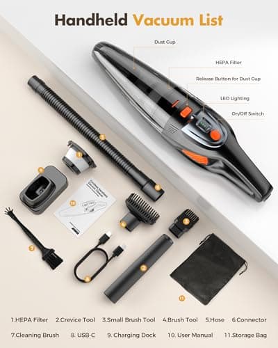 Handheld Vacuum Cordless 25000PA Powerful Suction, Portable Car Vacuum, 3 in 1 Hand Held Vacuum Rechargeable 8000mAh with LED Light, HEPA Filter, Home, Car Seats, Office, Pet Hair, Dust Buster 7