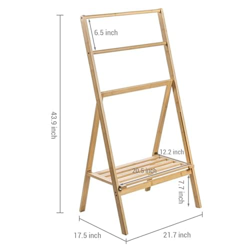 MyGift 3 Tier Free Standing Towel Rack for Bathroom, Pool Outdoor, Foldable Blanket Ladder with Storage Shelf, 43" H Bath Towel Holder Organizer Drying Rack, Light Brown Solid Bamboo Quilt Rack 5