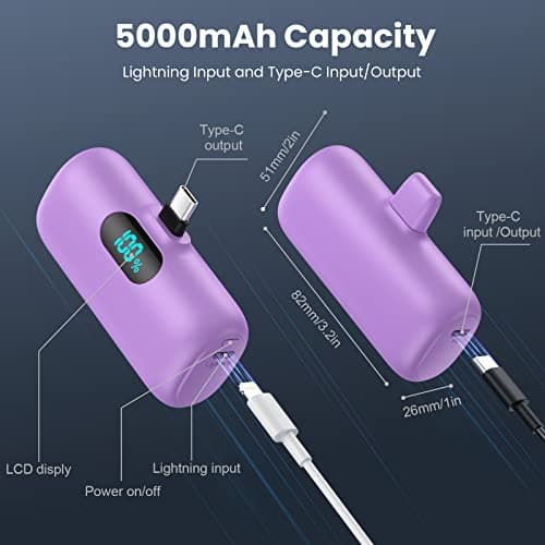 Mini Portable Charger 5000mAh Power Bank, 15w PD USB C Cell Phone Portable Power, LCD Display Battery Pack Compatible with Android Phone/Samsung Galaxy S22,S21/Note/Pixel/OnePlus 9 etc (Light Purple） 6