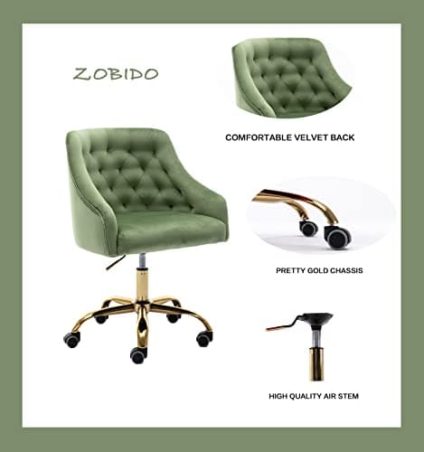 ZOBIDO Comfy Home Office Task Chair with Wheels, Cute Modern Upholstered Velvet Seashell Back Adjustable Swivel Vanity Desk Chair, for Women, for Girls, Living Room(Classic Green) 5