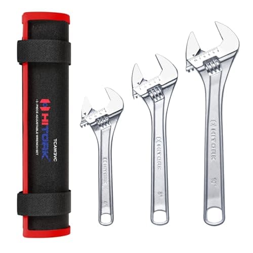 Hitork 3-Piece Adjustable Wrench Set 6-Inch, 8-Inch, 10-Inch, Chrome-Plated Cr-V Steel, Wide Opening Jaws, Laser Etched SAE & Metric Scale, Polished Head, Smooth Knurl, Roll Pouch Included