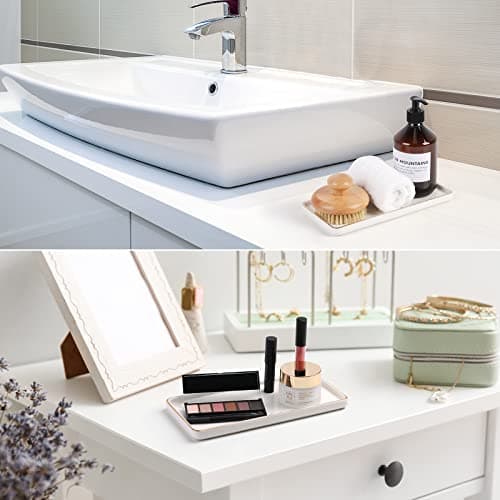 Gurygo 8" Bathroom Tray, Ceramic Vanity Trays for Bathroom, Small Ceramic Trays, Kitchen Soap Tray for Kitchen Counter (White with Gold-Edged, 8",Set/1) 6