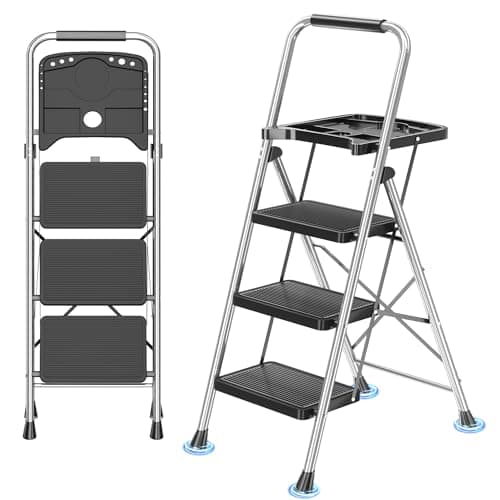 DIAMONDFORGE 3-Step Ladder Folding Step Stool with Tool Platform & Anti-Slip Wide Pedal, Heavy Duty Steel Construction, 600 lbs Capacity for Home & Office, Grey