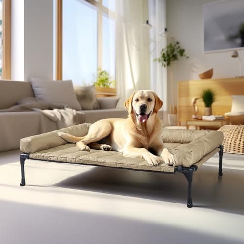 Veehoo Cooling Elevated Dog Bed Add Removable Waterproof Bolster Cushion Mat, Raised Pet Cot with Breathable Teslin Mesh, No-Slip Feet, Dog Couch Bed for Indoor Outdoor, 42x30inches, Beige, CWC2331B 2
