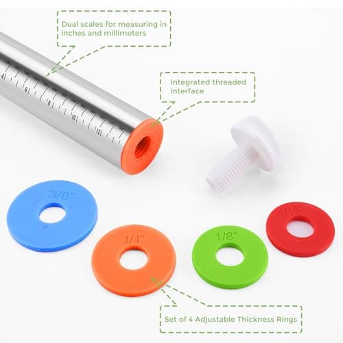 Rolling Pin nonstick and Silicone Baking Pastry Mat combo kit, Adjustable Rolling Pin With Thickness Rings for Baking Fondant, Pizza, Pie, Pastry, Pasta, Dough, Cookies (red) 5