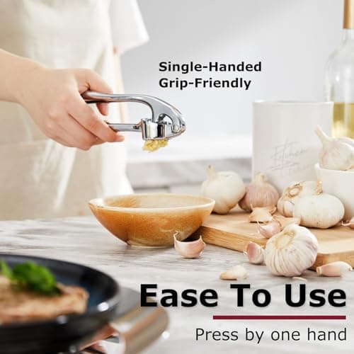 Kitessensu High Effective Premium Garlic Press Set, With Silicone Garlic Peeler & Brush, Heavy Duty Garlic Mincer, Easy to Squeeze and Clean, Rust Proof - Gloss Silver 5