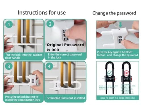 4 Pack Child Proof Sliding Cabinet Door Code Locks Baby Safety Cupboard Locks Adjustable U Shaped Cabinet Latches for Knob Handle Drawers Closet Plastic (4 PCS, White) 6