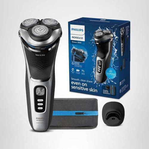 Philips Norelco Shaver 3900 Series, Wet and Dry Electric Shaver, P-Cap, Travel Pouch, Charging Stand, Storm Blue, Model S3341/92 9