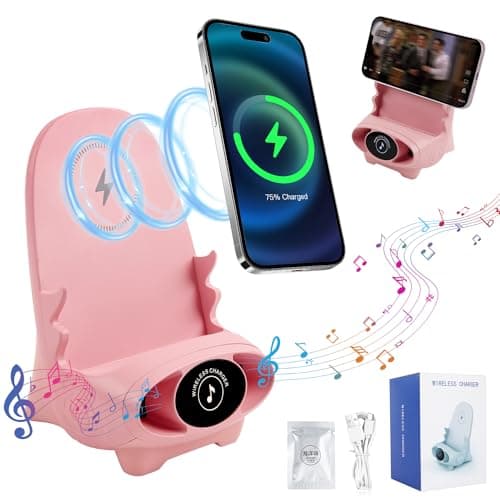 Mini Chair Wireless Fast Charger Multifunctional Phone Holder, Portable Mini Chair Wireless Charger, 3 in 1 Cell Phone Stand for Desk, Charging Desktop Cellphone Stand with Speaker Function (Pink)