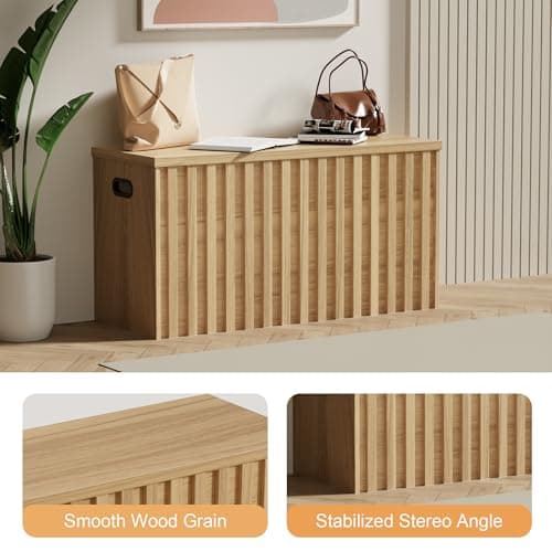 UEV Storage Bench,39.4" Wood Box, Storage Trunk with 2 Safety Hinges, Ottoman Storage Chest, Fluted Storage Bench for Bedroom, Entryway, Living Room(Natural Wood) 7