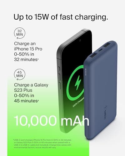 Belkin Portable Charger, USB C Power Bank 10000 mAh w/ 2xUSB-A Ports, 15W w/ Type-C to Type-A Cable - iPhone 17, Air, Pro, Pro Max, Samsung Galaxy S25, Nintendo Switch 2, Google Pixel 10, etc. - Blue 6