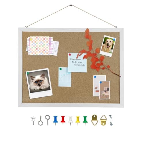 Cork Bulletin Board, 15.7 X 12 Inches Rectangle White Oak Wood Finish Frame for Office Home and School(Pins, Eye Bolts, gaskets, Screws)