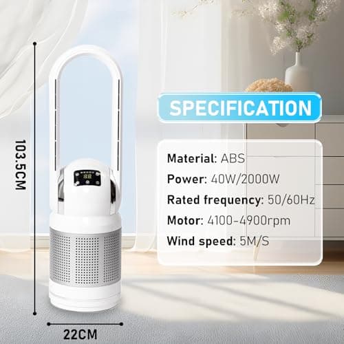 HEATIT Bladeless Fan with Remote and Air Purifier Tower Fan 80° Oscillating with 8 Speeds 8H Timer Air Circulator Fan HEPA Filter with PM 2.5 for Home Bedroom Kitchen and Office White 6