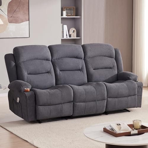 Reedvales Oversized Recliner Sofa with Heat and Massage, Wall-Hugger Reclining Sofa with Cup Holders and USB Port, Big Large 3-Seater RV Recliner Couch Sofa for Living Room (Fabric, Grey)