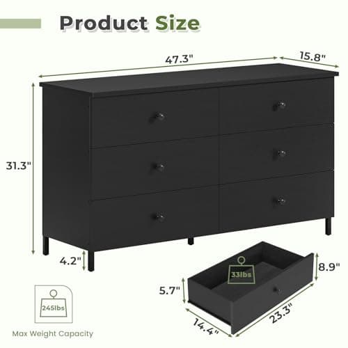 Hasuit 6 Drawers Double Dresser, Wooden Dressers with Heavy Sturdy Steel Frame, Large Capacity Storage Chest of Drawers, Black Dresser for Bedroom, Living Room, Entryway 6