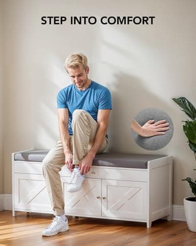 Amada Shoe Storage Bench, Entryway Bench with Cushioned Seat & Lift Top Storage, 3 Doors, Adjustable Shelf, 300 lbs Capacity, Bench with Shoe Rack for Entryway, Bedroom, Living Room, White 6