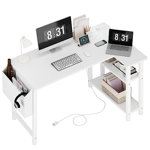 Lufeiya White L Shaped Computer Desk with Power Outlet Shelves, 40 Inch Small Reversible Corner Desk for Small Space Home Office, L-Shaped Desk PC Desks, White