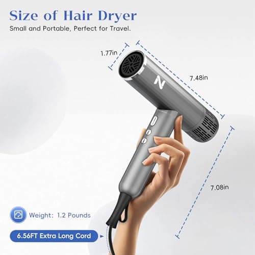 Natrial Ionic Professional Hair Dryer with Diffuser for Curly Hair,1600W&110000RPM High Speed Blow Dryer for Women,Fast Drying,Lock Function,Low Noise,Lightweight for Home Travel Salon,Grey&Silver 7