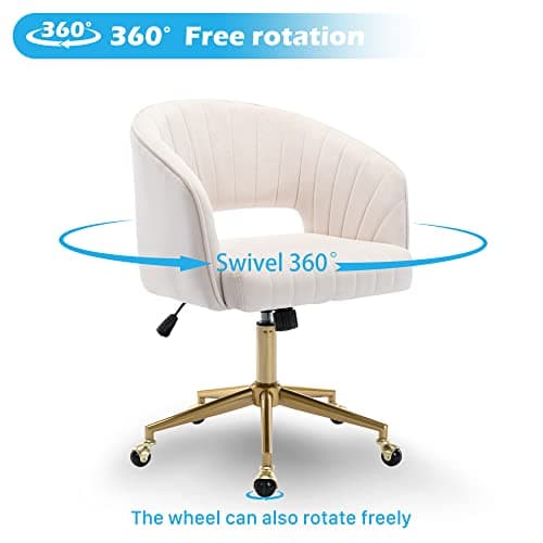 Home Office Chair Swivel Velvet Desk Chair Accent Armchair Upholstered Modern Tufted Chairs with Gold Base for Girls Women Ergonomic Study Seat Computer Task Stools for Living Room(Cream) 6