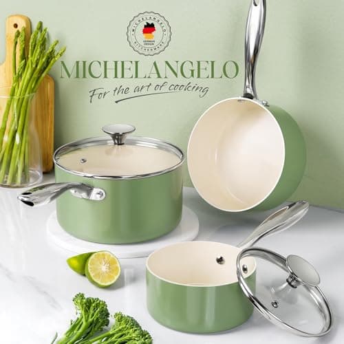 MICHELANGELO Sauce Pan with Lid, Non Stick Saucepan Set of 3-1Qt & 2Qt & 3Qt Small Pots for Cooking, Ceramic Saucepan - Non-Toxic, Scratch-Resistant, Oven Safe, Natural Green 6