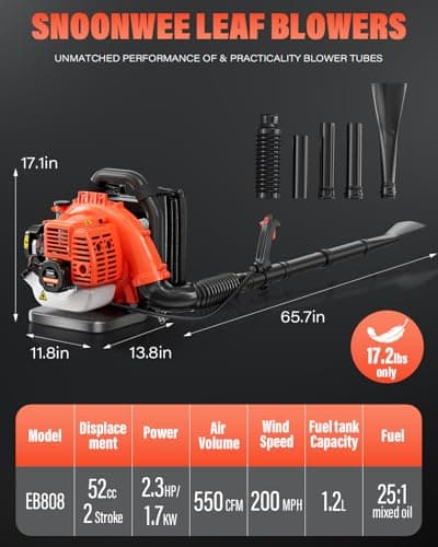 Relxxon Gas Powered Backpack Leaf Blower - 52cc 2-Stroke Engine, 200 MPH 550 CFM Heavy Duty Lawn Care Tool for Debris & Snow - 17.2lb Ultralight Design - 40oz Fuel Tank (Orange) 9
