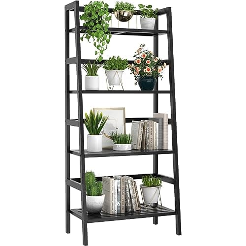 Homykic Bamboo Bookshelf 4-Tier Ladder Shelf, 49.2” Freestanding Open Bookcase Book Shelf Bathroom Storage Shelf Unit Plant Stand for Small Space, Living Room, Bedroom, Home Office, Black