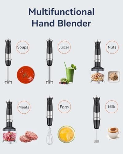 Immersion Blender Handheld 1000W 5 in 1 Corded Stick Hand Blender Kitchen with 12 Speed, BPA-Free, Mixing Beaker, Chopper, Whisk, Milk Frother, Perfect Emulsifier for Soup, Baby Food, Sauce, Puree 5