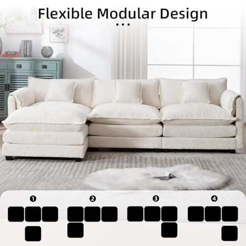 GNIXUU 112" L Shaped Sectional Sofa Cloud Couch for Living Room, Oversized Modular Sectional Sofa with Movable Ottoman, 4 Seat Chenille Deep Seat Sofa Set with Double Cushion & Pillows, Beige 9