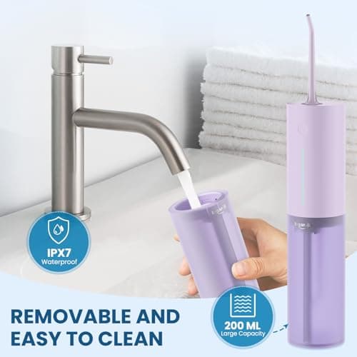 Cordless Water Flosser for Travel,Water Dental Flosser Pick for Teeth, IPX7 Waterproof Electric Water Dental Flosser, 3 Modes 4 Replaceable Jet Tips, Rechargeable Oral Irrigator (Purple) 5