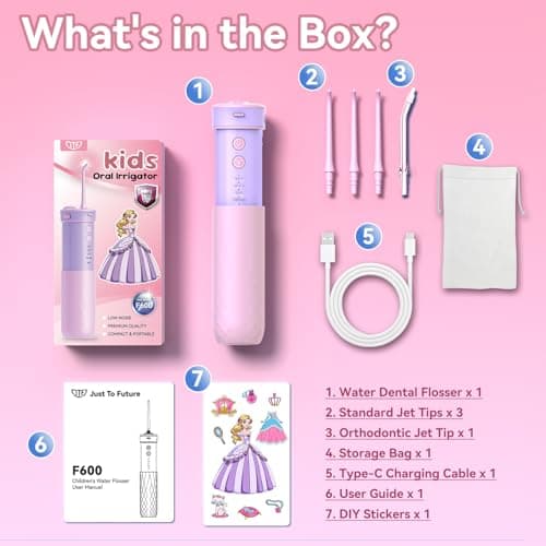 JTF Portable Water Flosser for Kids: 4 Gentle Modes for Ages 6+, Safe & Effective for Sensitive Teeth, Braces - with DIY Stickers, 4 Nozzles, Travel Bag, Mini Compact Oral Irrigator for Home & School 8